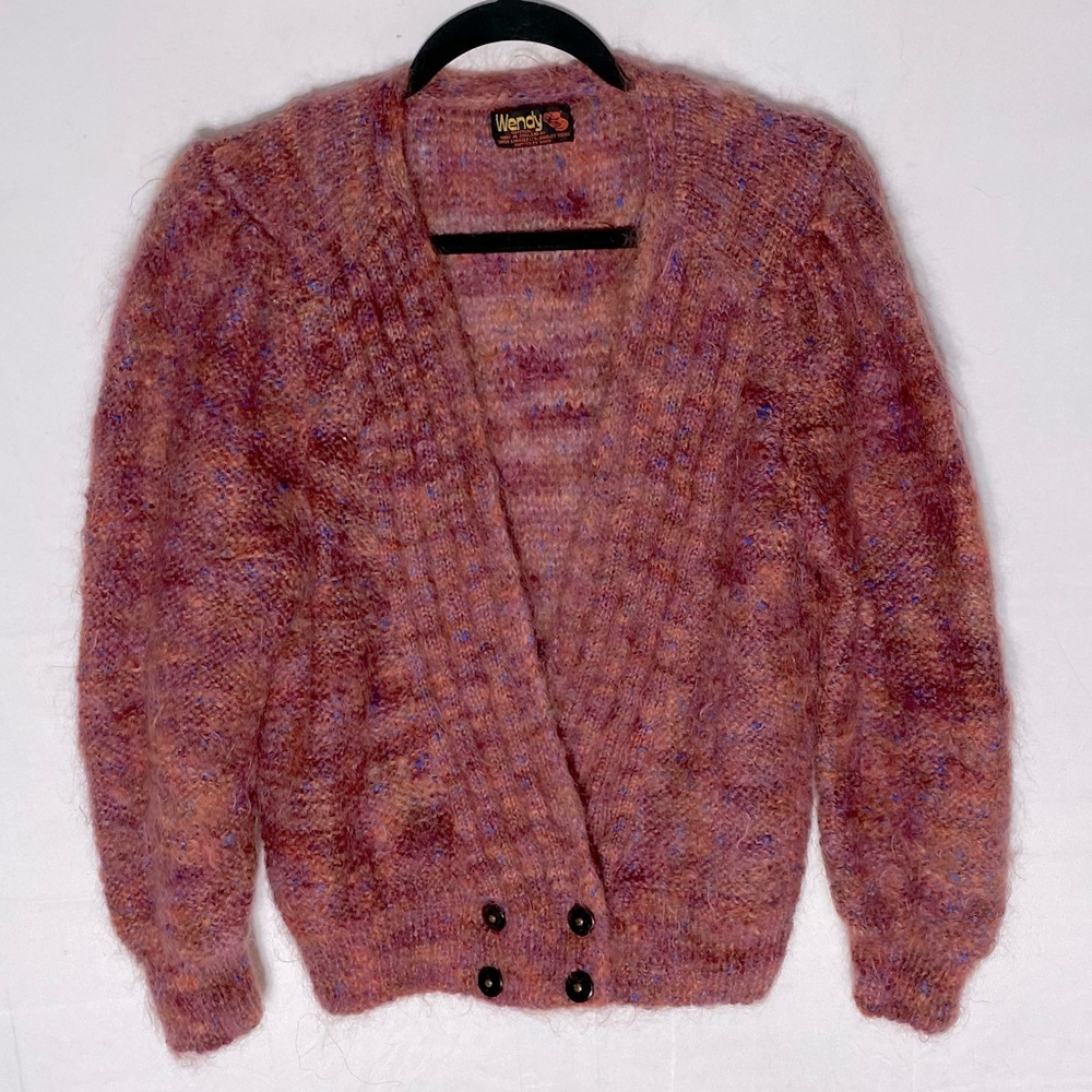 Vintage 90s Wendy Hand Knit Pink Mohair Blend Deep V Cardigan Sweater S Boho
